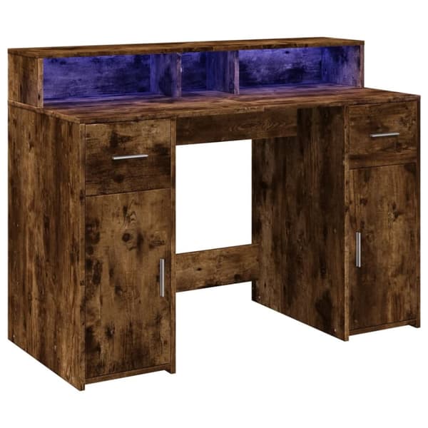 Työpöytä LED-valoilla savutammi 120x55x91 cm tekninen puu