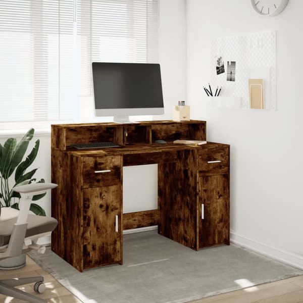Työpöytä LED-valoilla savutammi 120x55x91 cm tekninen puu