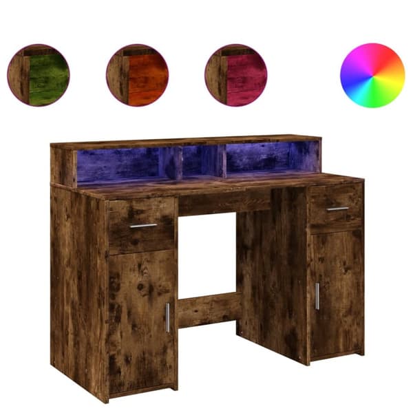 Työpöytä LED-valoilla savutammi 120x55x91 cm tekninen puu