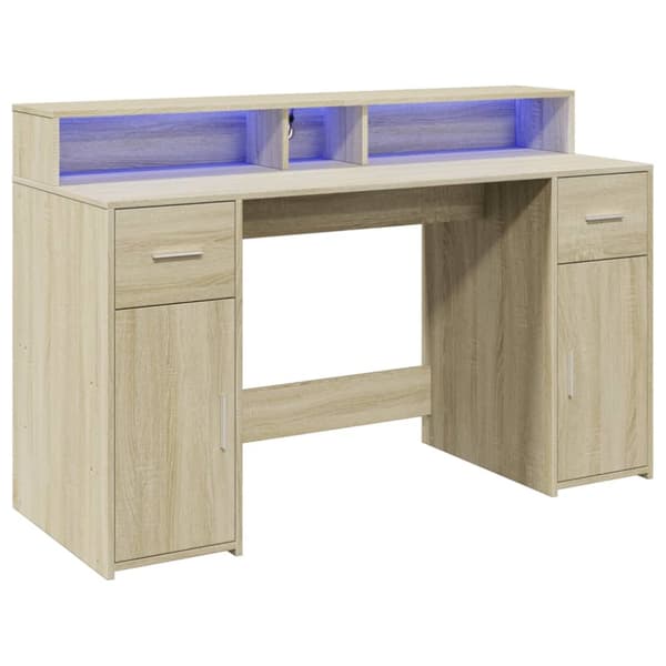 skrivebord med LED-lys 140x55x91 cm konstrueret træ sonoma-eg
