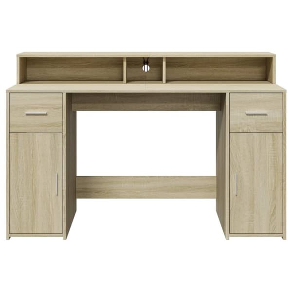 skrivebord med LED-lys 140x55x91 cm konstrueret træ sonoma-eg
