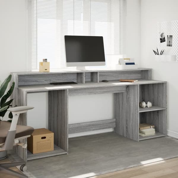 Työpöytä LED-valoilla harmaa Sonoma 200x55x91 cm tekninen puu