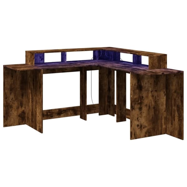 Työpöytä LED-valoilla savutammi 152x152x91 cm tekninen puu