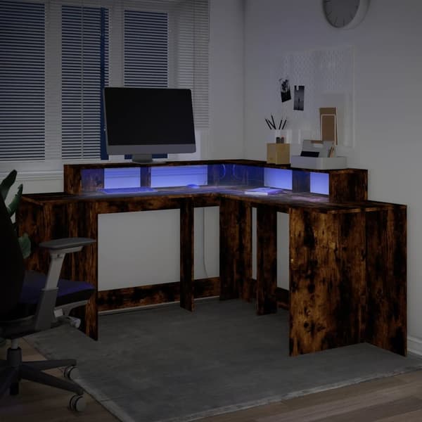 Työpöytä LED-valoilla savutammi 152x152x91 cm tekninen puu