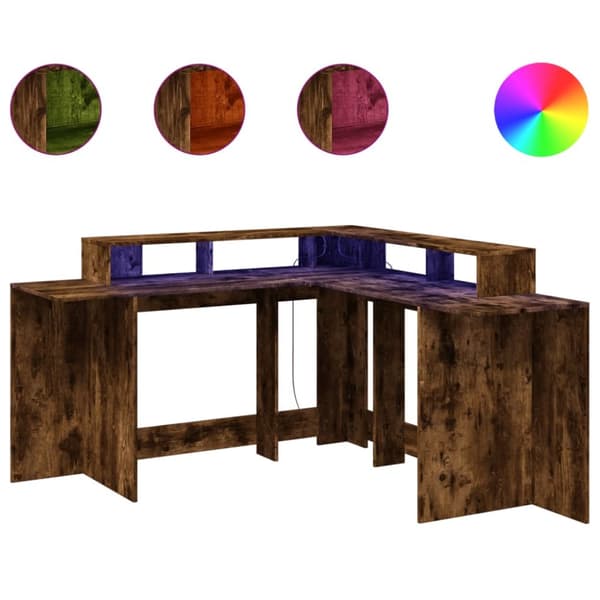 Työpöytä LED-valoilla savutammi 152x152x91 cm tekninen puu