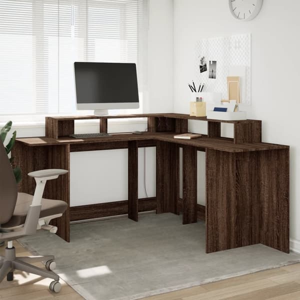 Työpöytä LED-valoilla ruskea tammi 152x152x91 cm tekninen puu