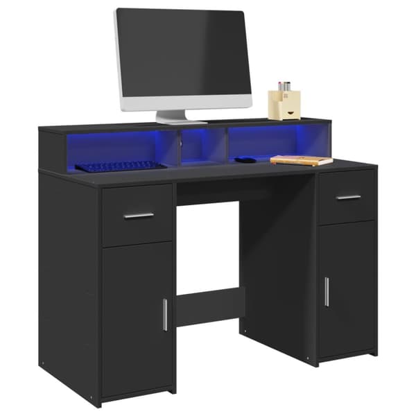 skrivebord med LED-lys 120x55x91 cm konstrueret træ sort