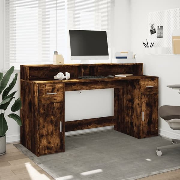 Skrivbord med LED rökfärgad ek 160x55x91 cm konstruerat trä
