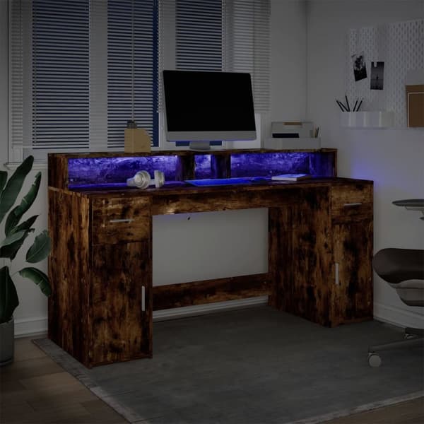 Skrivbord med LED rökfärgad ek 160x55x91 cm konstruerat trä