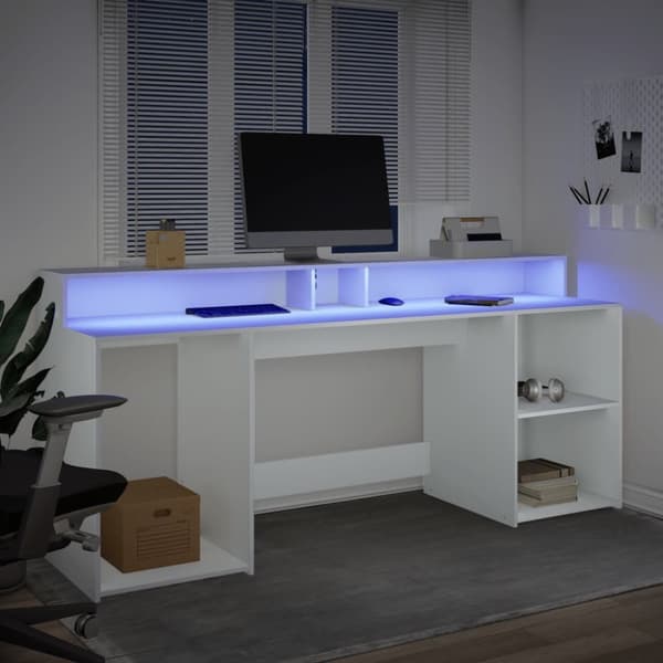 Työpöytä LED-valoilla valkoinen 200x55x91 cm tekninen puu