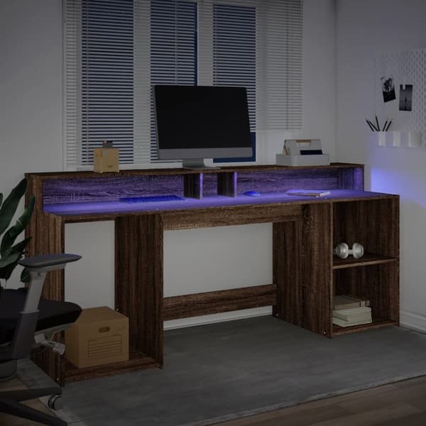 skrivebord med LED-lys 200x55x91 cm konstrueret træ brunt eg