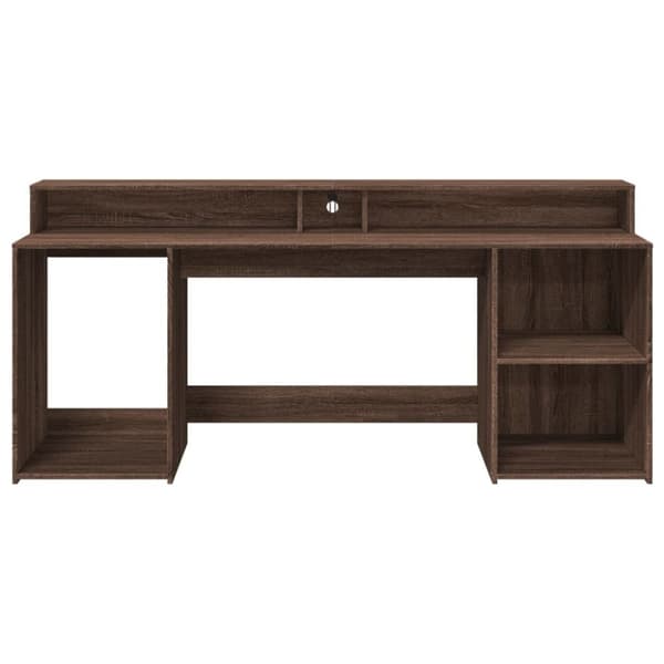 skrivebord med LED-lys 200x55x91 cm konstrueret træ brunt eg