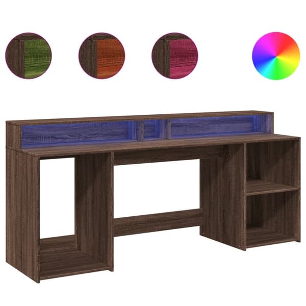 skrivebord med LED-lys 200x55x91 cm konstrueret træ brunt eg