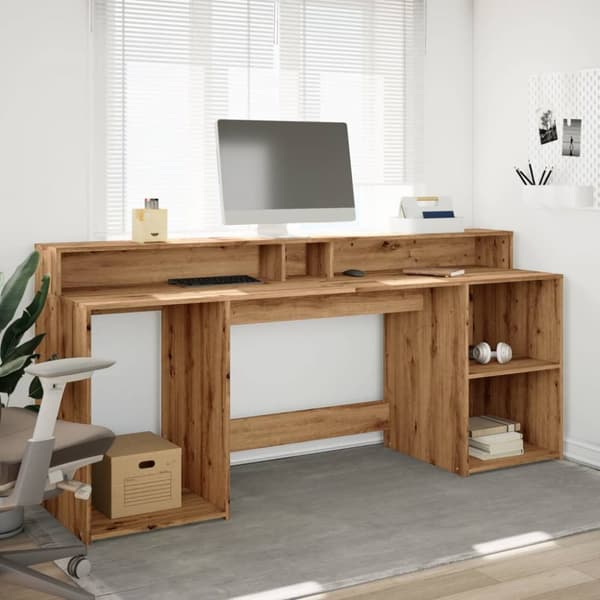 skrivebord med LED-lys 200x55x91 cm konstrueret træ gammelt eg