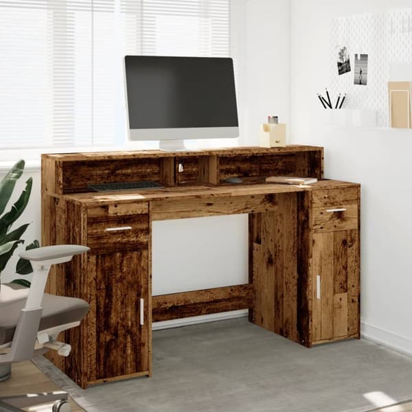 skrivebord m. LED-lys 140x55x91 cm konstrueret træ gammelt træ