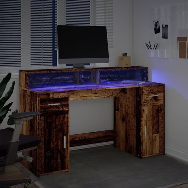 skrivebord m. LED-lys 140x55x91 cm konstrueret træ gammelt træ