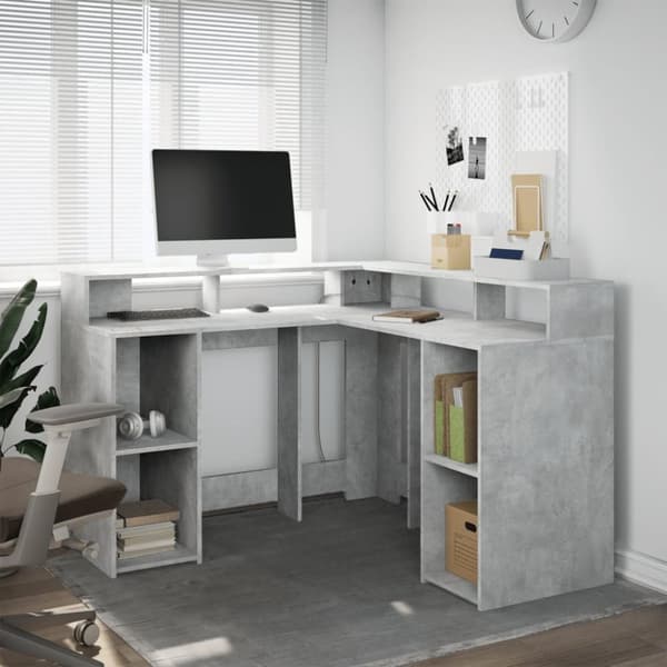 skrivebord med LED-lys 130x130x91 cm konstrueret træ betongrå