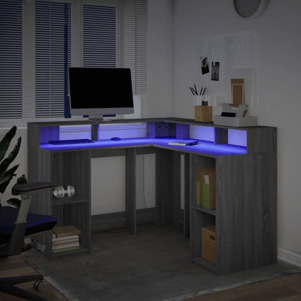 Skrivbord med LED grå sonoma 130x130x91 cm konstruerat trä