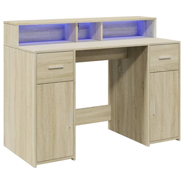 skrivebord med LED-lys 120x55x91 cm konstrueret træ sonoma-eg