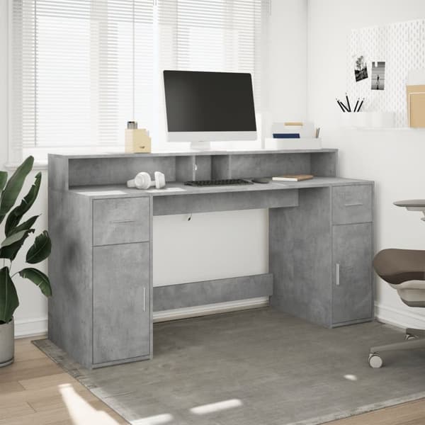 Työpöytä LED-valoilla betoninharmaa 160x55x91 cm tekninen puu