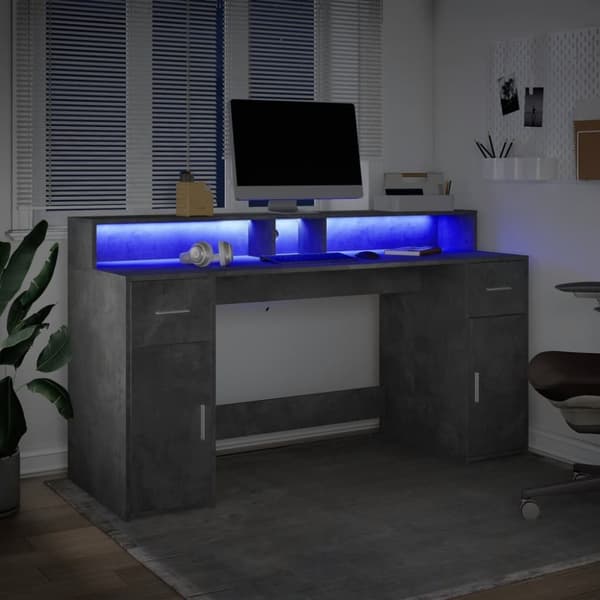 Työpöytä LED-valoilla betoninharmaa 160x55x91 cm tekninen puu