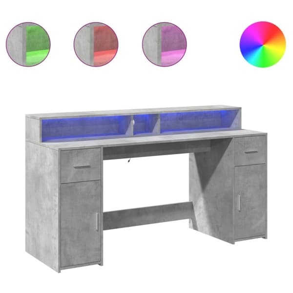 Työpöytä LED-valoilla betoninharmaa 160x55x91 cm tekninen puu