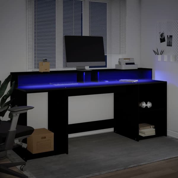 Työpöytä LED-valoilla musta 200x55x91 cm tekninen puu