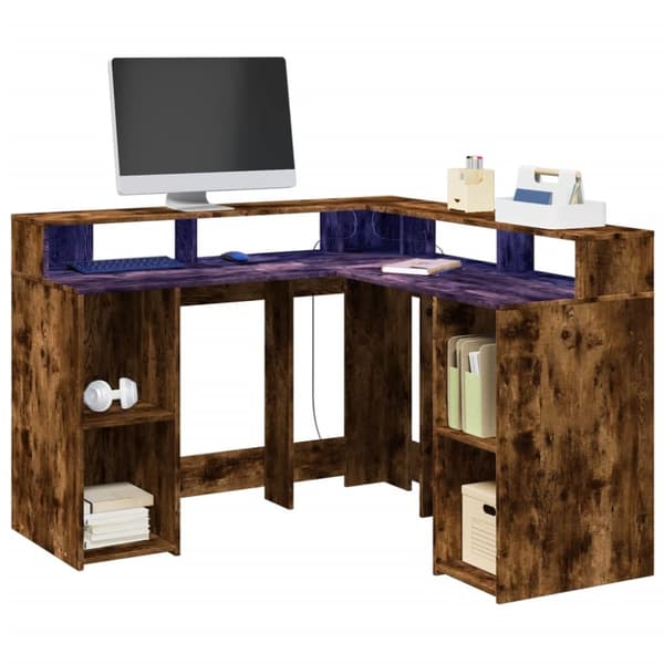 Työpöytä LED-valoilla savutammi 130x130x91 cm tekninen puu