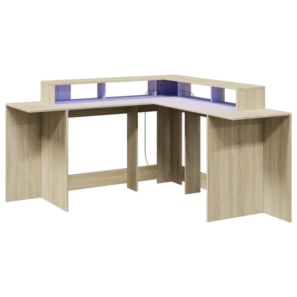 skrivebord med LED-lys 152x152x91 cm konstrueret træ sonoma-eg