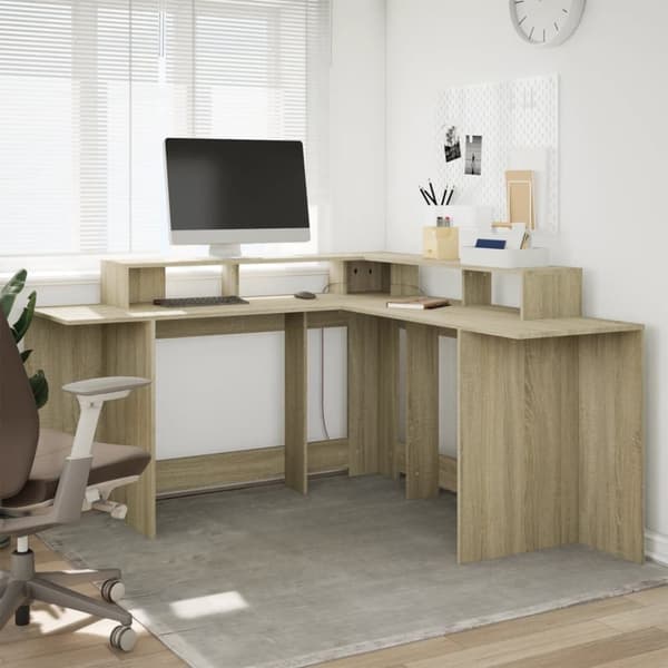 skrivebord med LED-lys 152x152x91 cm konstrueret træ sonoma-eg