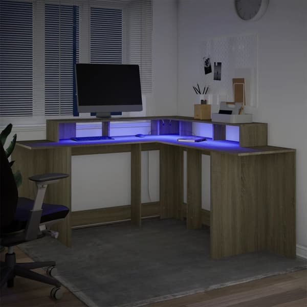 skrivebord med LED-lys 152x152x91 cm konstrueret træ sonoma-eg