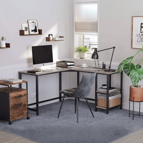 Bureau d'angle droit avec étagère 2 niveaux style industriel