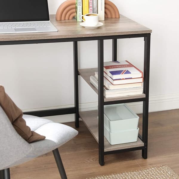 Bureau d'angle droit avec étagère 2 niveaux style industriel