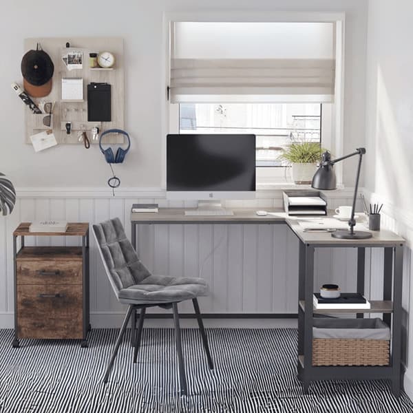 Bureau d'angle droit avec étagère 2 niveaux style industriel
