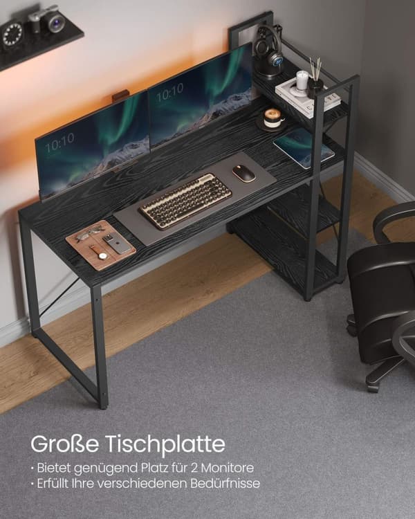 Rootz-tietokonepöytä - Toimistopöytä - Työasema - Ebony Black - Lastulevy ja teräs - 56cm x 137cm x 120cm - Tilavat hyllyt - Helppo koota