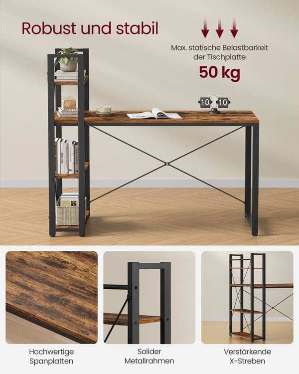 Rootz-tietokonepöytä hyllyillä - Kirjoituspöytä - Toimistopöytä - Vintage ruskea-musta - lastulevy, teräs - 56 cm x 137 cm x 120 cm - 23,5 kg