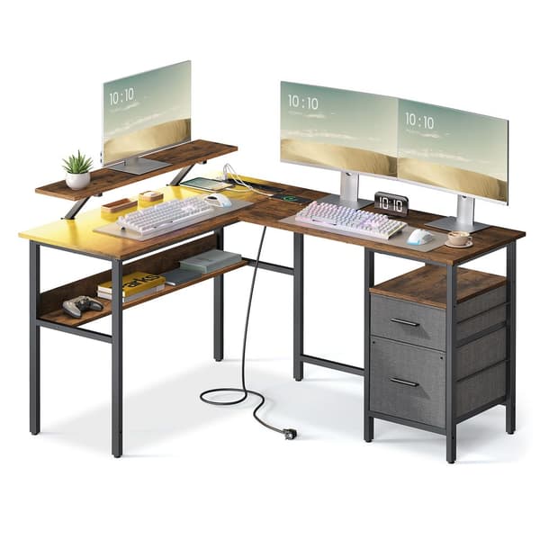 Bureau - Hoekbureau - L -formet - med stikkontakt og skuffer - sort
