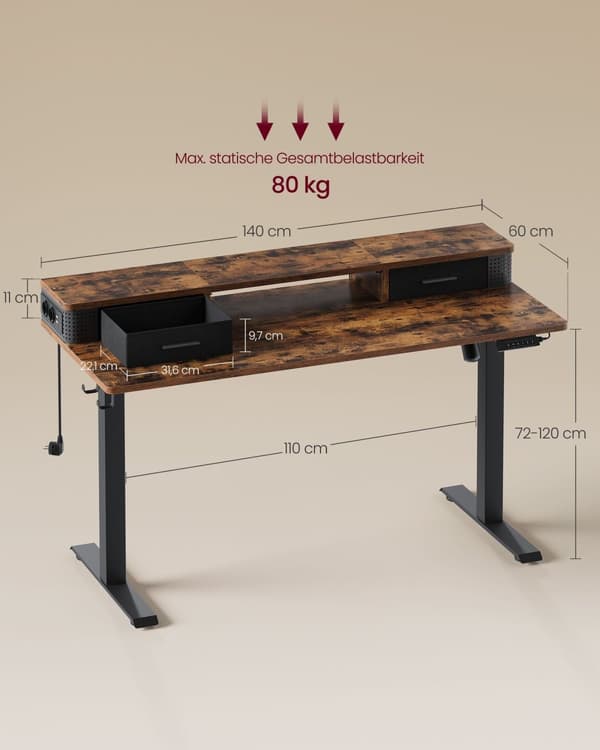 Bureau - Korkeus säädettävä ja sähköinen - vintage ruskea