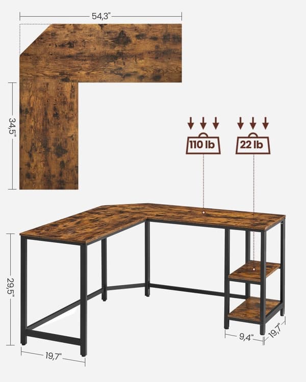 Kulmatoimisto - Tietokonepöytä L -Shape - Industrial Design - Vintage Brown/Black
