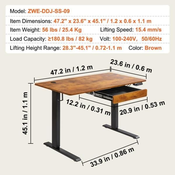 Elektriskt sitt-stående skrivbord - VEVOR - Höjdjusterbart bord 120x60cm 1 låda