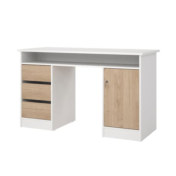 FunctionPlus skrivebord 1 hylle, 1 dør, 3 skuffer hvit, eik dekor.