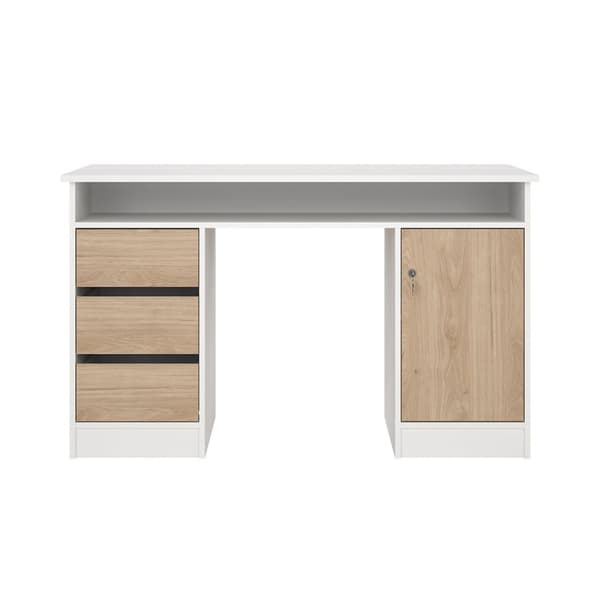 FunctionPlus skrivebord 1 hylle, 1 dør, 3 skuffer hvit, eik dekor.