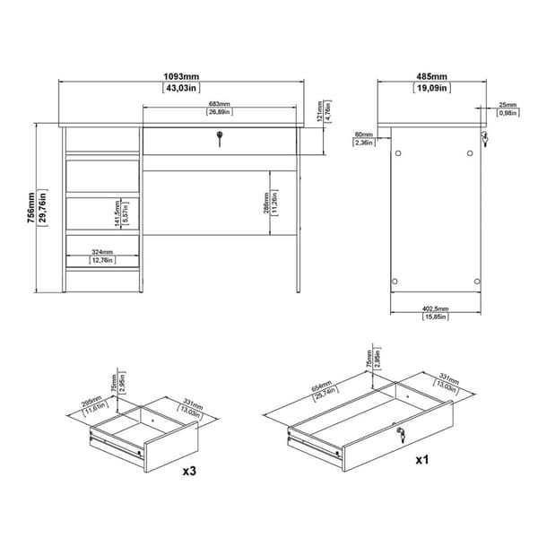 FunctionPlus skrivebord 1 hylle, 4 skuffer eik dekor.