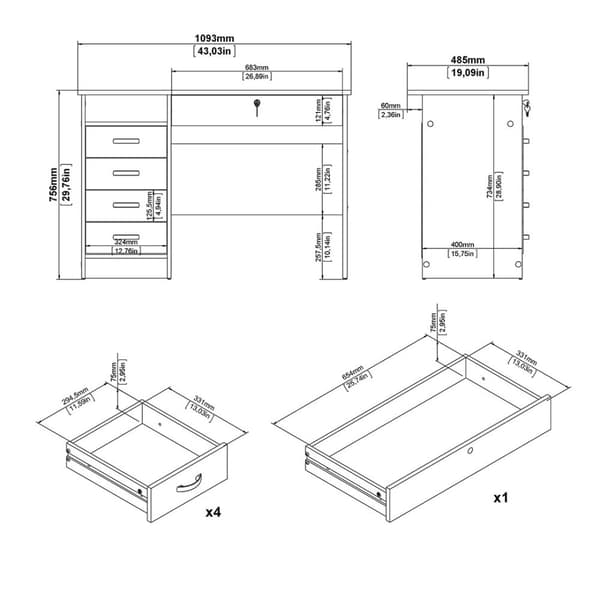 FunctionPlus skrivebord 5 skuffer, 1 hylle sort ask dekor.