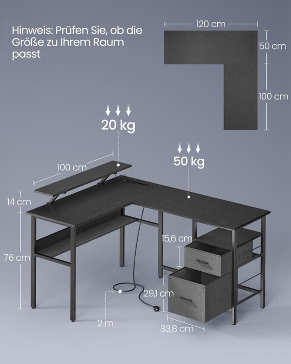 Rootz L-muotoinen työpöytä - Työpiste - Kulmapöytä - Ebony Black - Sisäänrakennetut pistorasiat - 120cm x 140cm x 75cm