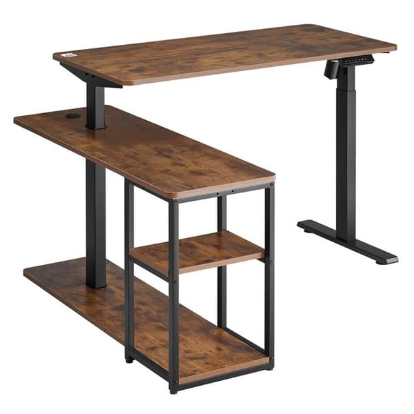 Ergo Office elektriskt lyftbord, max höjd 121cm, med bänkskiva och hyllor, för stående och sittande, rustikt brunt, ER-450.