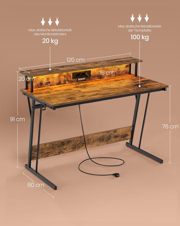 Pöytä pistorasialla 60 x 120 x 76 cm vintage ruskea