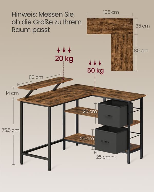 L-muotoinen työpöytä 2 laatikkoa-115 × 105 cm