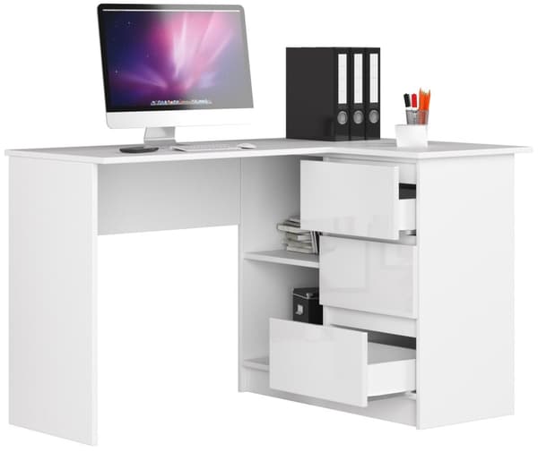 HJØRNESKRIVEBORD B16 124 cm HØJRE 3 SKUFFE HVID / HVID GLANS