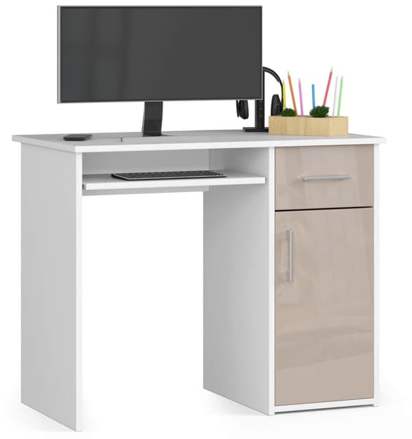 SKRIVEBORD PIN HVID / CAPPUCCINO GLANSEDE